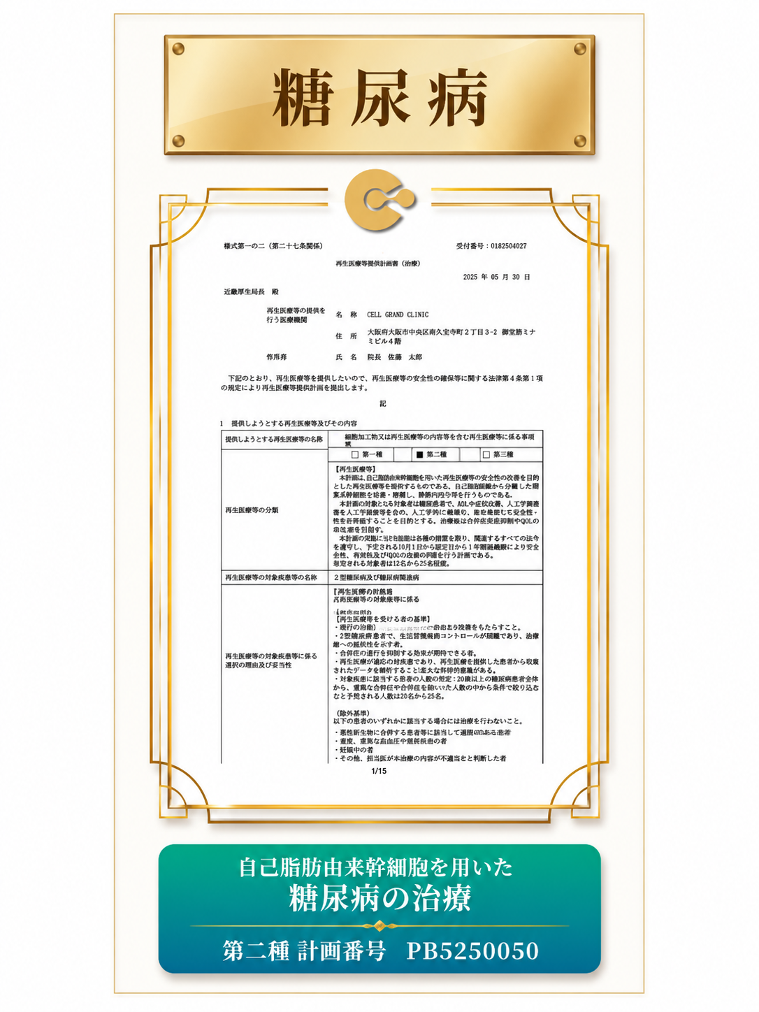 糖尿病に対する自己脂肪由来幹細胞治療 第二種提供計画 PB5250050