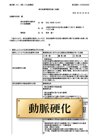 「動脈硬化症に対する自己脂肪由来幹細胞を用いた治療」計画番号：PB5250051