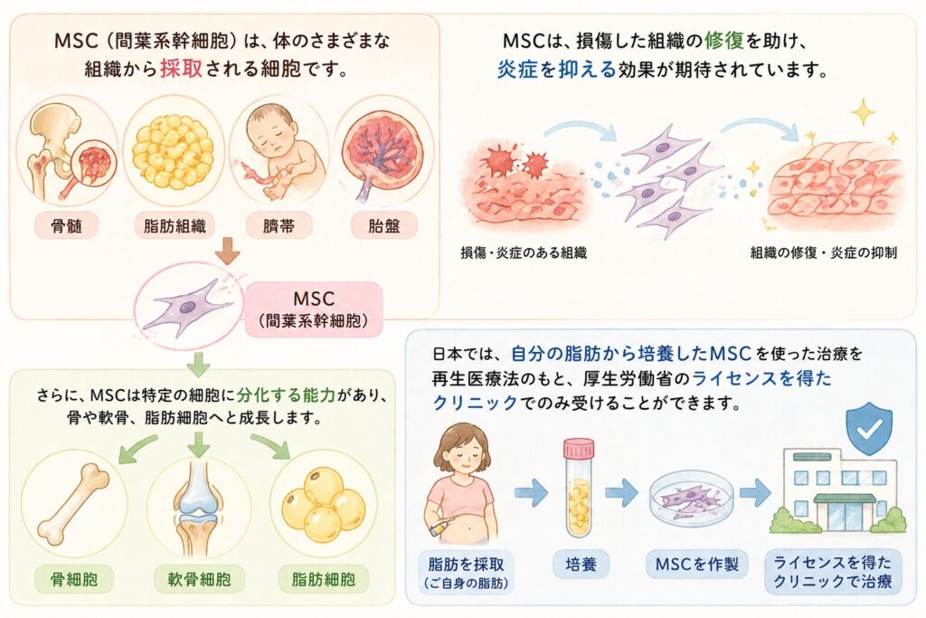 MSC（間葉系幹細胞）は、骨髄や脂肪組織、臍帯、胎盤などから採取される細胞です。これらの細胞は、損傷した組織の修復を助ける能力を持ち、炎症を抑える効果も期待されています。さらに、MSCは特定の細胞に分化する能力があり、骨や軟骨、脂肪細胞へと成長することができます。このような特性から、これまで治療が難しかった疾患に対する新たな希望とされています。日本国内では、現在自分から採取した脂肪から培養した幹細胞（自己脂肪由来幹細胞、自己脂肪由来MSC）を使った治療が、再生医療法という法律を通して厚生労働省からライセンスを得たクリニックのみで提供できるようになっています。