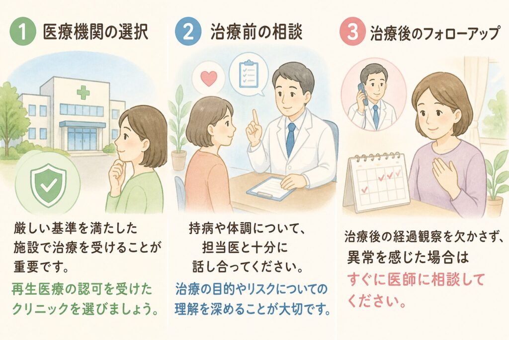 医療機関の選択

厳しい基準を満たした施設で治療を受けることが重要です。

再生医療の認可を受けたクリニックを選びましょう。

治療前の相談

持病や体調について、担当医と十分に話し合ってください。

治療の目的やリスクについての理解を深めることが大切です。

治療後のフォローアップ

治療後の経過観察を欠かさず、異常を感じた場合はすぐに医師に相談してください。