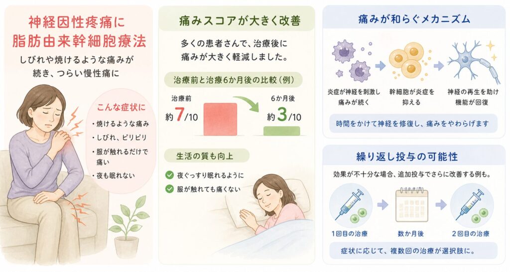 神経因性疼痛（PHNや坐骨神経痛など） – 難治の痛みも緩和の兆し

事故や手術、帯状疱疹後や原因不明の神経障害性疼痛は、焼けるような痛みやしびれが続く厄介な慢性痛です。こうした神経因性疼痛に対しても、脂肪由来幹細胞療法の効果が少しずつ確認されています。

劇的に下がる痛みスコア: 幹細胞療法を受けた多くの患者で、痛みの自己評価スコア（VASやNRS）が大きく低下しています。例えば、乳がん手術後の慢性痛（術後乳房痛症候群）の患者37名に脂肪組織由来の幹細胞を注入する試験では、平均VASが治療前の約7/10から治療6か月後には約3/10まで改善しました。帯状疱疹後神経痛（PHN）の難治痛に対する研究でも、痛みの指標（VASや神経痛症状スコアNPSI）の有意な低下が報告されており、幹細胞治療後に「夜眠れるようになった」「服が触れても痛かった皮膚の痛みが和らいだ」といった生活の質の向上もみられています。

複数のケースで効果を確認: 他にも、顔面の三叉神経痛に対する研究では治療6か月後に痛みの数値（NRS）が大幅低下し、幹細胞が難治性の顔面痛を鎮めた可能性が示されました。また原因不明の神経痛患者14名の報告では、治療8週後に93%が「痛みが改善した」と回答し、さらに4年後のフォローでも約79%が効果に満足していたとのことです。4年という非常に長期にわたり痛みの軽減が続いた例であり、神経障害性疼痛に対する幹細胞の持続的な鎮痛効果を示唆しています。 もっとも、中には効果が限定的な患者もおり（痛みスコアがあまり変化しないケースも報告されています、全員に劇的に効く「特効薬」という段階ではありません。それでも「現行の治療では治まらなかった痛みが和らぐ可能性」が示されつつある点は、大きな前進と言えるでしょう。

神経痛への作用メカニズム: ADMSCが神経痛を和らげる背景には、前述した抗炎症作用と神経再生促進作用が特に重要です。末梢神経が傷つくと、その周囲に炎症性のマクロファージ（M1型）やT細胞が集積し、神経をさらに破壊してしまいます。幹細胞はこれら免疫細胞の暴走を抑え、傷ついた神経周囲の炎症環境を鎮静化します。同時に、神経の再生を助ける因子を放出して髄鞘の再形成や軸索（神経線維）の再伸長を促すため、時間とともに神経そのものの機能回復が進みます。実際、「神経が再生し始めるのは治療から数週間後で、その後数ヶ月にわたり再生が続く」という知見もあり、幹細胞治療の効果を見るには少なくとも半年～1年程度の経過観察が推奨されています。このように即効性の痛み止めというより“時間をかけて神経を修復する治療”と捉えるとよいでしょう。

繰り返し投与の可能性: 1回の治療で十分な改善が得られない場合、追加で幹細胞を複数回投与する選択肢も考えられます。症例報告では、初回治療で効果不十分だった神経痛患者に数ヶ月後に2回目の幹細胞投与を行い、痛み止め薬が不要なほど改善したケースもあります。また動物実験レベルですが「1回では残った痛みも、繰り返し投与でさらに軽減できた」という結果も出ており、症状に応じて複数回治療することで効果を高められる可能性があります。ただし現時点で最適な投与回数・間隔は定まっておらず、今後の研究課題です。