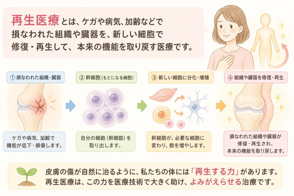 再生医療とは何か？幹細胞をわかりやすく例えると

再生医療とは、ケガや病気、加齢などで損なわれた組織や臓器を、新しい細胞で修復・再生して本来の機能を取り戻すことを目指す医療です。いわば人体の「修理術」であり、自分自身の細胞を使って身体をよみがえらせる最新の治療アプローチです。例えば、皮膚の傷が自然に治るのも小さな再生ですが、再生医療はこれを医療技術で大規模に実現しようとするものだと考えるとわかりやすいでしょう。

再生医療のカギを握るのが幹細胞（かんさいぼう）という特別な細胞です。幹細胞とは、様々な細胞のもとになる細胞のことで、必要に応じて筋肉や神経、血液など色々な細胞に変身できます。例えるなら、幹細胞は「体の中の万能の種」です。一粒の種から花や木が育つように、幹細胞から多種多様な細胞が生み出されます。この能力を利用して傷んだ部分に新しい細胞を供給し、組織を再建するのが再生医療の基本原理です。

幹細胞にはいくつか種類があります。代表的なものに、胚性幹細胞（ES細胞）・人工多能性幹細胞（iPS細胞）・体性幹細胞の3つがあります。それぞれ「なれる細胞の範囲」や入手経路が異なります。現在クリニックなどで一般的に受けられる治療は、自分のお腹などからとった脂肪の幹細胞（自己脂肪由来幹細胞）を培養して治療に使うケースです。