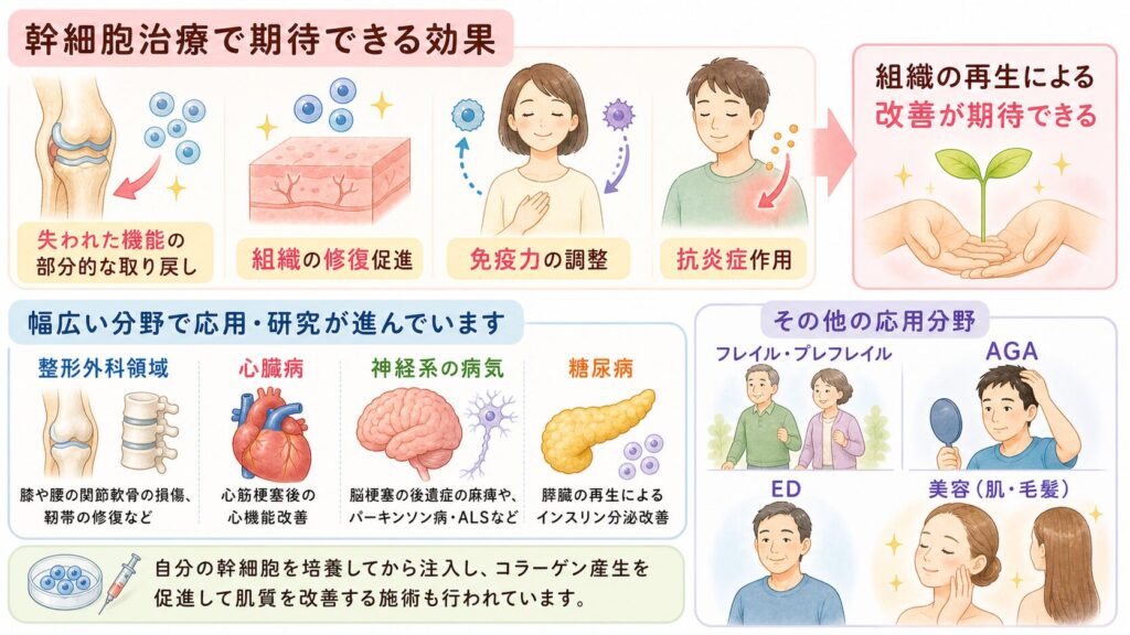 幹細胞治療で期待できる効果と適応疾患

再生医療・幹細胞治療によってどんな効果が期待できるのでしょうか？　一言でいえば、「失われた機能の部分的な取り戻し」や「組織の修復促進」、「免疫力の調整」、「抗炎症作用」が期待できます。例えば、変形性膝関節症ではすり減った軟骨の修復、心筋梗塞では傷ついた心筋の再生、脳梗塞の後遺症では損傷した神経の機能回復などです。従来は治せず対症療法しかなかった病変でも、幹細胞の効果により組織の再生による改善が見込まれます。

適応疾患も年々拡大しています。現在、再生医療は整形外科領域（膝や腰の関節軟骨の損傷、靭帯の修復など）や心臓病（心筋梗塞後の心機能改善）、神経系の病気（脳梗塞の後遺症の麻痺や、パーキンソン病・ALSなど難治性の神経疾患）、糖尿病（膵臓の再生によるインスリン分泌改善）など幅広い分野で研究・応用されています。

保険診療でいう一般的な病気ではないところでいうと、フレイル・プレフレイル（身体能力の低下）やAGA、EDにも及びます。美容領域でも、毛髪再生やお肌の若返り（しわ・たるみ改善）への応用が注目されています。例えば自分の幹細胞を培養してから顔に注入し、コラーゲン産生を促進して肌質を改善するような施術も行われています。

ただし重要なのは、効果の現れ方には個人差が大きい点です。幹細胞治療は魔法のように一瞬で失った組織が元通りになるわけではありません。一般的に治療後1か月～数ヶ月ほどかけて徐々に効果が現れるケースが多く、複数回の治療が必要となることもあります。また、すべての患者さんで劇的な改善が得られるとは限りません。再生医療はあくまで「現在の医療では難しい症状に対し、新たな選択肢を提供する」ものと理解し、過度な期待とともに冷静な見極めも大切です。