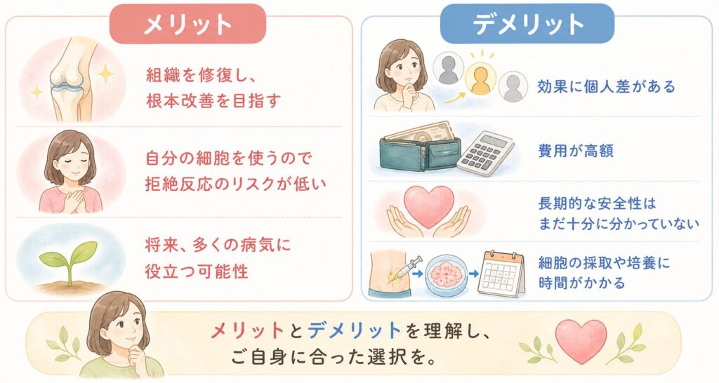 再生医療のメリットとデメリット（安全性とリスク）

再生医療には魅力的なメリットがある一方、注意すべきデメリットやリスクも存在します。ここではメリットとデメリットを整理してみましょう。

メリット:

根本的な治癒の可能性: 再生医療は単に症状を一時的に緩和するのではなく、傷んだ組織そのものを修復することで根本からの改善を目指します。例えば、変形性関節症で幹細胞治療を行い軟骨が再生すれば、痛みの原因そのものを取り除ける可能性があります。

自分の細胞を使う安心感: 多くの再生医療は患者自身の細胞（自家由来細胞）を利用するため拒絶反応のリスクが低いです。他人の臓器移植と違い、免疫による拒否反応や重い副作用が起こりにくい点は大きな利点です。

将来性と幅広い応用: 再生医療はまだ新しい分野ですが、将来的には現在治療法がない病気（脊髄損傷による麻痺など）も治せる可能性があります。実際に世界中で研究が進んでおり、新たな臨床応用が次々報告されています。患者さんにとっては「治らない」と言われた病に光が差す希望の治療といえるでしょう。

デメリット:

効果に個人差・不確実性: 前述のように、誰もが同じように改善する保証はありません。再生医療は比較的新しいため、確立された標準治療と比べてエビデンス（科学的根拠）が蓄積途中です。そのため「効く人には効くが、効かない場合もある」という不確実性を承知しておく必要があります。

費用が高額: 保険適用外の自由診療であり、治療費が高額になります。費用が高額になる原因は細胞の培養に関わるコストになります。数百万円規模の費用がかかることも珍しくありません。経済的負担が大きいため、治療を受けるかどうか慎重な判断が必要です。

長期的な安全性: 安全性については現在まで大きな問題は報告されていませんが、まだ登場して日が浅い治療法のため長期的な影響が完全には把握されていません。とはいえ、自分の幹細胞を使う治療では理論上がん化のリスクは極めて低いとされています。幹細胞そのものには厳密な自己制御機構が備わっており、適切に品質管理された細胞を使えば腫瘍などの副作用リスクは最小限と報告されています。

手間や時間がかかる: 幹細胞治療は細胞を採取し培養するプロセスが必要なため、治療開始までに時間がかかります。脂肪採取の小手術を受け、その後1ヶ月程度かけて細胞を増やすステップが必要です。また治療効果が出るまで数ヶ月単位の経過観察が要る点も、即効性を求める方にはデメリットに感じられるでしょう。

メリットとデメリットとご自身の状態・希望を考えて選択肢として考えると良いでしょう。