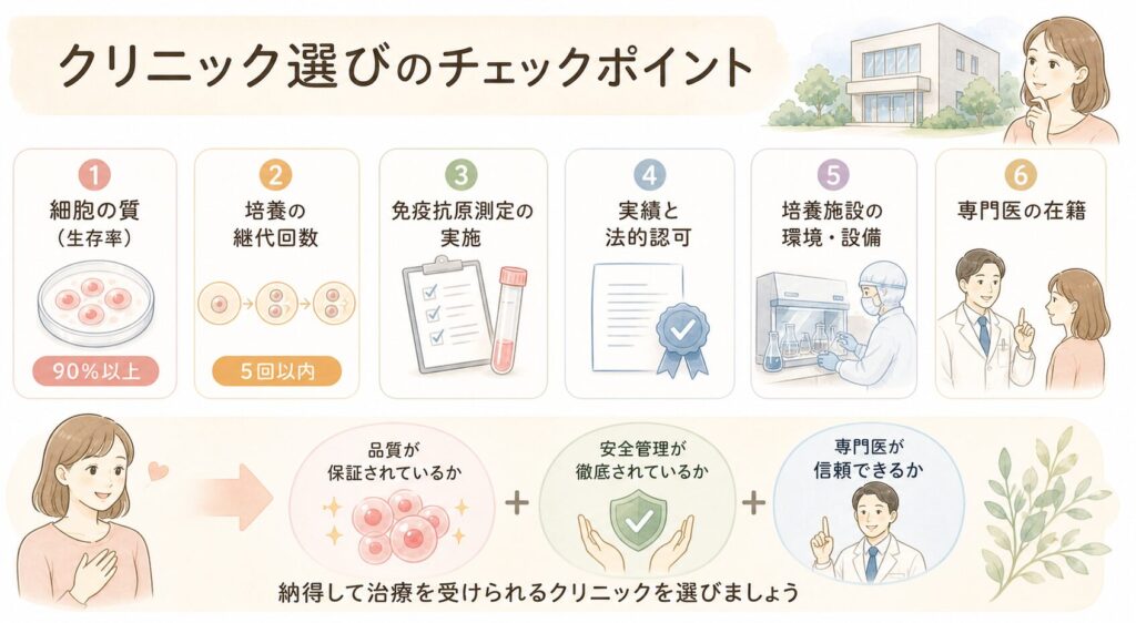 クリニック選びのチェックポイント

幹細胞の質（生存率）
治療効果は、細胞が生きていることが前提です。培養・冷凍保存後の生存率が高く、質の良い細胞を確実に提供できるクリニックを選びましょう（目安は生存率90％以上など具体的数値が提示されているか）。

培養の継代回数
継代回数とは、細胞を分裂させて増やした世代数のことです。培養を繰り返すほど細胞は老化や劣化しますので、5回以内など適切な回数を守って培養を行うクリニックを選びましょう。

免疫抗原測定の実施
培養した幹細胞が正しく目的の幹細胞であるかどうかを確認する免疫学的な検査を実施していることが大切です。この検査をきちんと実施し、品質管理が徹底されているクリニックは安心です。

実績と法的認可
再生医療の実績が豊富であること、厚生労働省への再生医療提供計画の届出をきちんと行い、認可されていることを確認しましょう。これらの情報を透明性をもって公表しているクリニックを選ぶことが重要です。

培養施設の環境・設備
幹細胞の培養は無菌環境が不可欠です。クリーンルームや高度な培養設備を完備し、熟練した培養士の指導下で細胞を管理しているクリニックを選びましょう。

専門医の在籍
日本再生医療学会認定医など、再生医療に関する専門資格を有する医師が在籍し、患者の症状に合わせた適切な治療計画を立案・説明できるクリニックが信頼できます。治療について丁寧なカウンセリングが受けられるか、質問に誠実に答えてくれるかどうかも重要な判断基準です。

これらのポイントを参考に複数のクリニックを比較検討し、公式サイトで情報公開がしっかりされているか、実際に問い合わせた際の対応はどうかといった視点から総合的に判断することをおすすめします。

幹細胞の品質が保証されているか

安全管理が徹底されているか

専門医が信頼できる人物であるか

を念頭に置き、納得して治療を受けられるクリニックを選びましょう。