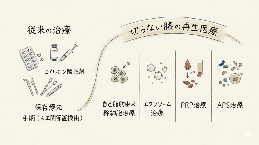 「切らない膝の再生医療」ー幹細胞治療、エクソソーム治療、PRP治療、APS治療