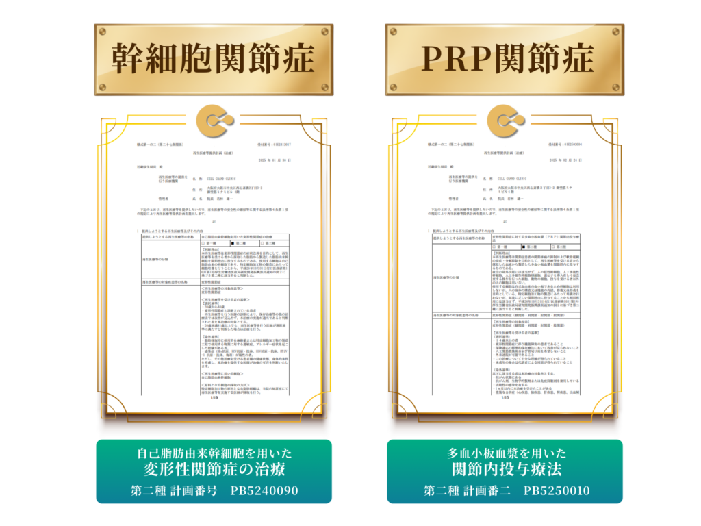 厚生労働省認可の第二種再生医療等提供計画（膝関節症に対する幹細胞治療とPRP治療）