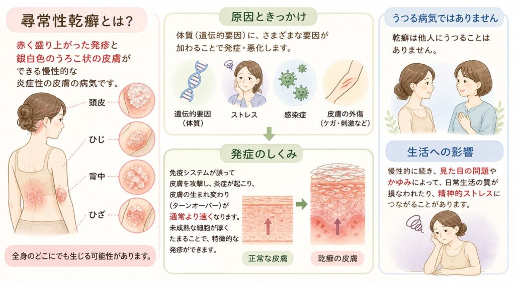 尋常性乾癬とはどんな病気？

尋常性乾癬（じんじょうせいかんせん）は、皮膚に赤く盛り上がった発疹と銀白色のうろこ状の皮膚（鱗屑〈りんせつ〉）が現れる慢性的な炎症性皮膚疾患です。主にひじ、ひざ、背中などに症状が出やすいですが、全身のどこにでも生じる可能性があります。

乾癬は自己免疫による病気と考えられており、体質（遺伝的な要因）に加えて、ストレスや感染症、皮膚の外傷などの要因がきっかけで発症・悪化するとされています。免疫システムが誤って皮膚を攻撃し、炎症を引き起こすことで皮膚細胞の生まれ変わり（ターンオーバー）が通常より速くなり、未成熟な細胞が厚く堆積してあの特徴的な発疹が形成されます。乾癬そのものは他人にうつる病気ではありませんが、慢性的に経過し、見た目の問題やかゆみのために日常生活の質が損なわれたり、精神的ストレスを引き起こすことがあります。