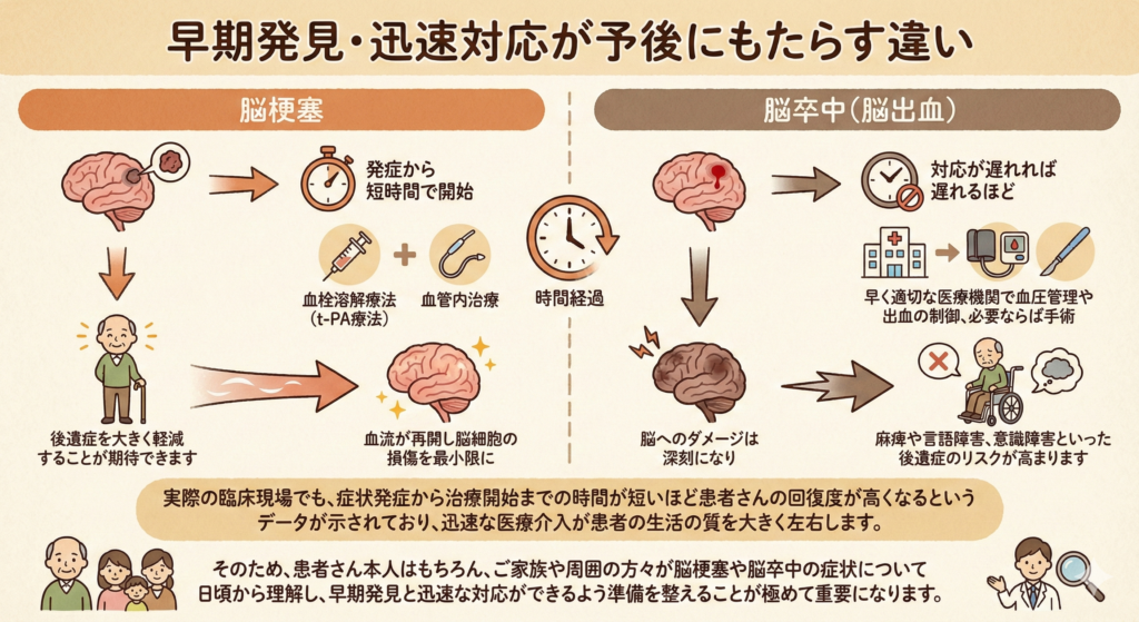 早期発見・迅速対応が予後にもたらす違い

脳梗塞・脳卒中において、早期発見と迅速な対応は患者の予後に非常に大きな違いをもたらします。特に脳梗塞では、血栓溶解療法（t-PA療法）や血管内治療があり、これらの治療法は症状が出てから短時間のうちに開始することで高い効果を発揮します。治療開始が早ければ早いほど、血流が再開し脳細胞の損傷を最小限に抑えることができるため、後遺症を大きく軽減することが期待できます。

一方、脳卒中（脳出血）の場合も、早期発見が予後に直結します。早く適切な医療機関で血圧管理や出血の制御、必要ならば手術などの処置を受けることで、脳組織のダメージが進行する前に対処できる可能性があります。発症後の対応が遅れれば遅れるほど、脳へのダメージは深刻になり、麻痺や言語障害、意識障害といった後遺症のリスクが高まります。

実際の臨床現場でも、症状発症から治療開始までの時間が短いほど患者さんの回復度が高くなるというデータが示されており、迅速な医療介入が患者の生活の質を大きく左右します。

そのため、患者さん本人はもちろん、ご家族や周囲の方々が脳梗塞や脳卒中の症状について日頃から理解し、早期発見と迅速な対応ができるよう準備を整えることが極めて重要になります。