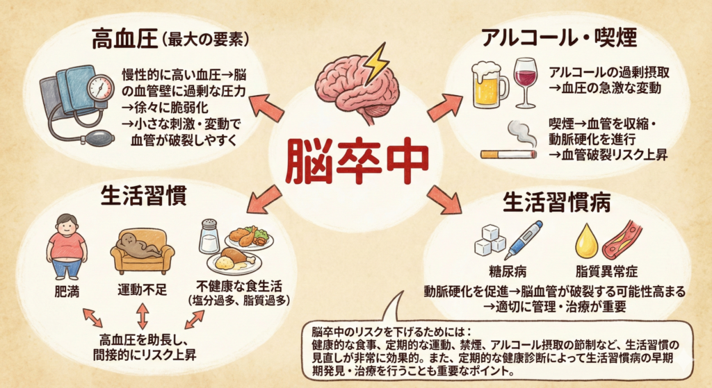 脳卒中リスクを高める生活習慣や疾患とは？

脳卒中の発症リスクを高める要因としては、高血圧が最大の要素とされています。慢性的に血圧が高い状態が続くと、脳の血管壁に過剰な圧力がかかり、徐々に脆弱化してしまいます。その結果、小さな刺激や血圧の変動に耐えられずに血管が破裂しやすくなります。

また、高血圧だけでなく、以下のような生活習慣や疾患もリスクを高めます。肥満や運動不足、不健康な食生活（塩分過多、脂質過多）は高血圧を助長し、間接的に脳卒中のリスクを上げる要因となります。特に塩分の摂りすぎは血圧上昇に直結するため、注意が必要です。

さらに、アルコールの過剰摂取や喫煙も血管に悪影響を及ぼします。アルコールの過剰摂取は血圧の急激な変動を起こしやすく、喫煙は血管を収縮させ動脈硬化を進行させるため、血管の破裂リスクが高まります。

生活習慣病である糖尿病や脂質異常症なども脳卒中リスクを上昇させます。これらの疾患は動脈硬化を促進し、脳血管が破裂する可能性を高めるため、これらの疾患を適切に管理・治療することが脳卒中の予防に重要です。

脳卒中のリスクを下げるためには、健康的な食事、定期的な運動、禁煙、アルコール摂取の節制など、生活習慣の見直しが非常に効果的です。また、定期的な健康診断によって生活習慣病の早期発見・治療を行うことも重要なポイントです。
