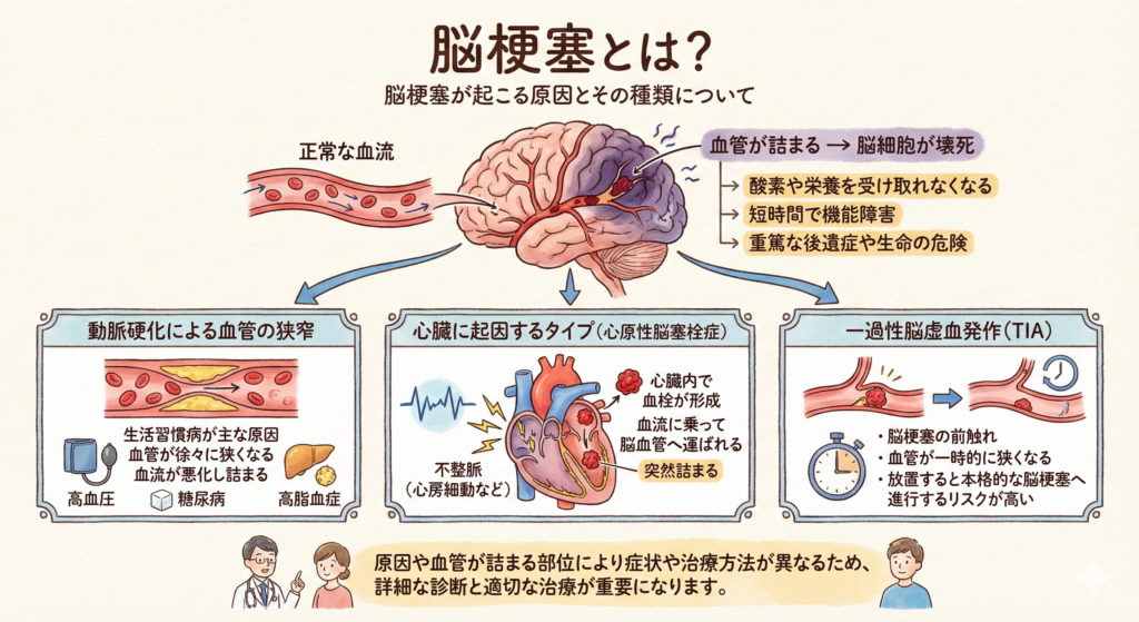 脳梗塞とは？

脳梗塞が起こる原因とその種類について

脳梗塞とは、脳の血管が詰まることで血流が途絶え、その部分の脳細胞が壊死してしまう病気です。脳梗塞が起こると、脳細胞が酸素や栄養を受け取れなくなり、短時間で機能障害を起こし、重篤な後遺症や生命の危険を伴います。

脳梗塞の原因としては主に次のようなものがあります。

まず、動脈硬化による血管の狭窄が挙げられます。動脈硬化は、高血圧や糖尿病、高脂血症などの生活習慣病が主な原因となって進行します。これにより、血管が徐々に狭くなり血流が悪化し、最終的に血管が詰まって脳梗塞を引き起こす可能性があります。

次に心臓に起因するタイプの脳梗塞があります。これは心房細動などの不整脈によって血栓が心臓内で形成され、それが血流に乗って脳血管まで運ばれ詰まるというタイプで、心原性脳塞栓症と呼ばれます。

また、血管が一時的に狭くなることで発生する一過性脳虚血発作（TIA）は、脳梗塞の前触れとも呼ばれ、放置すると本格的な脳梗塞へと進行するリスクが高いことが知られています。

脳梗塞はその原因や血管が詰まる部位により症状や治療方法が異なるため、詳細な診断と適切な治療が重要になります。