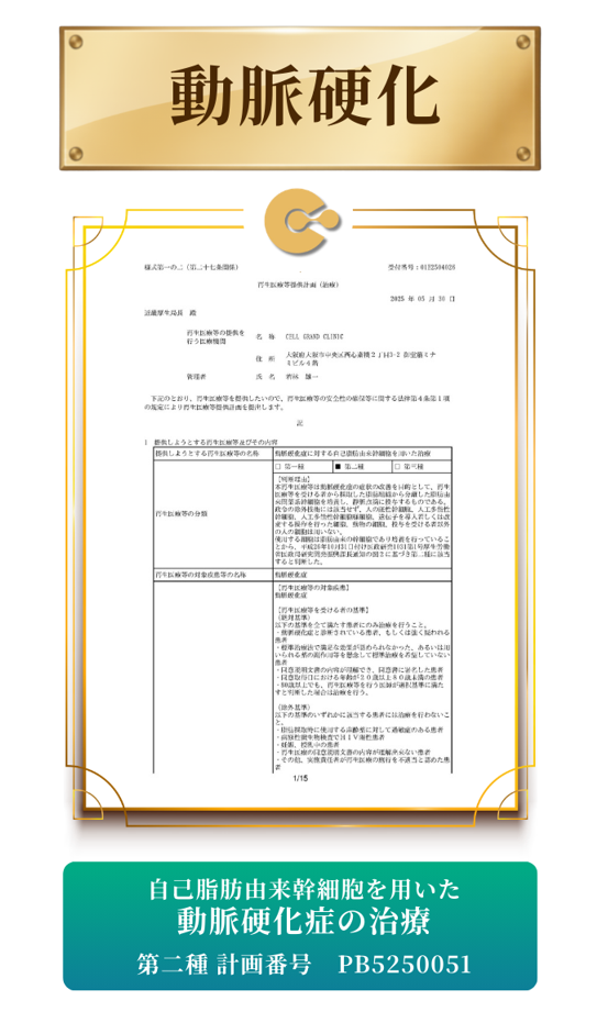 厚生労働省に届出・受理された再生医療等提供計画:自己脂肪由来幹細胞治療を用いた脳梗塞など動脈硬化症の治療