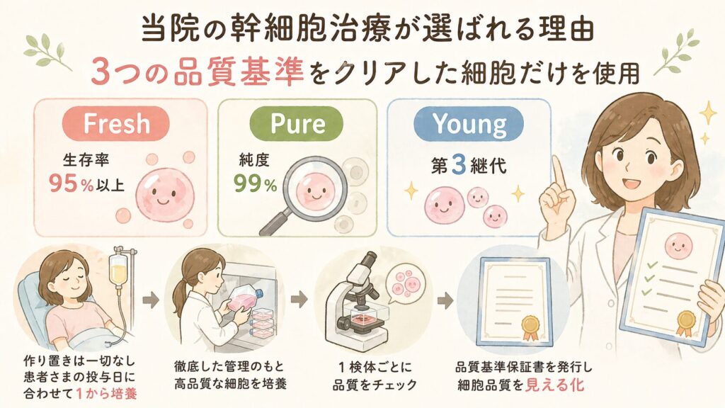 当院の幹細胞治療が選ばれる理由

幹細胞は”生き物”。同じ幹細胞治療でも、細胞の品質によって効果は大きく変わります。当院では「Fresh（生存率95％以上）・Pure（純度99％）・Young（第3継代）」という3つの品質基準をクリアした細胞のみを使用。作り置きは一切せず、患者さまの投与日に合わせて1から培養し、1検体ごとに品質基準保証書を発行することで、細胞品質の「見える化」を徹底しています。