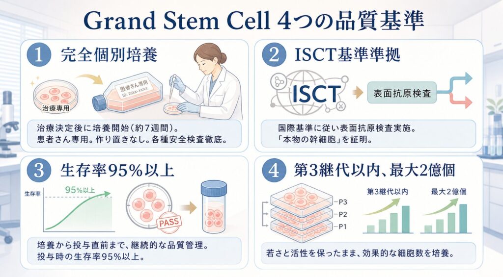 Grand Stem Cell 4つの品質基準

セルグランクリニックが採用する自己脂肪由来幹細胞治療は、以下の4つの厳格な基準をクリアしています：

完全個別培養：治療が決定した時点で初めて培養を開始し、約7週間かけて患者さん専用の環境で培養します。作り置きや在庫培養は行いません。無菌検査、真菌検査など各種安全検査は徹底されています。

ISCT基準準拠：国際細胞治療学会（International Society for Cellular Therapy）の国際基準に従い、細胞の表面抗原検査を実施して、「培養された幹細胞が本物幹細胞であること」の品質を証明します。

生存率95%以上：培養から投与直前まで、継続的に品質管理を行い、投与時の細胞生存率は95%以上を維持します。

第3継代以内、最大2億個：若さと活性を保ったまま、効果的な細胞数を培養します。