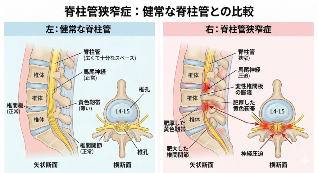 脊柱管狭窄症：健常な脊柱管との比較