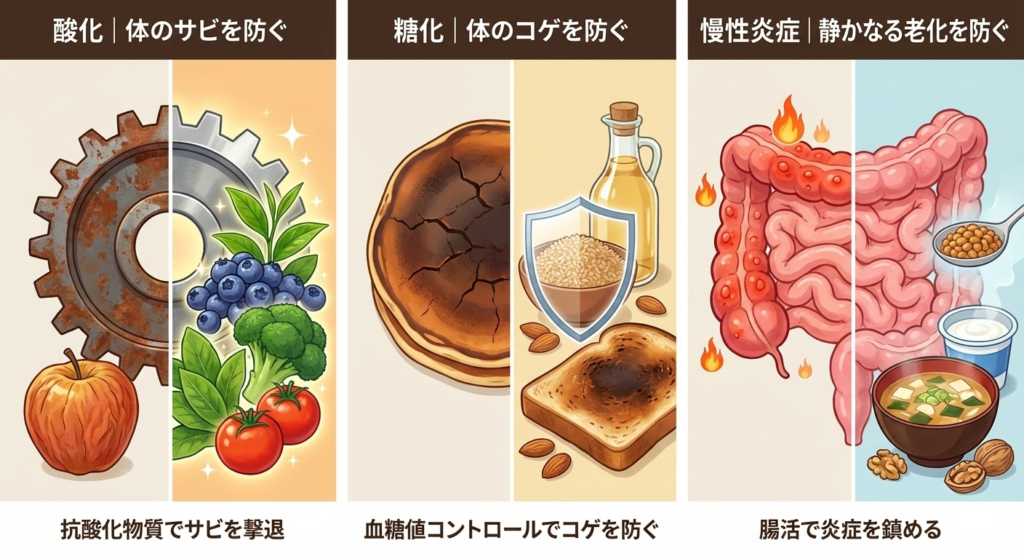 老化の3大原因を食事で撃退

1. 酸化｜体のサビを防ぐ 私たちの体は、呼吸するだけで活性酸素が発生し、細胞が「サビて」いきます。まるで鉄が錆びるように、肌のシワやシミ、動脈硬化などが進行します。抗酸化物質を豊富に含む食品は、この「サビ」を取り除く天然の防錆剤として働きます。

2. 糖化｜体のコゲを防ぐ 砂糖とタンパク質が結びつくと、AGEs（最終糖化産物）という老化物質が生成されます。パンケーキが焦げるのと同じ現象が体内で起こり、肌の弾力が失われ、血管が硬くなります。血糖値をコントロールする食事が、この「コゲ」を防ぎます。

3. 慢性炎症｜静かなる老化を防ぐ 加齢とともに体内で起こる微細な炎症は「サイレント炎症」と呼ばれ、老化を加速させます。腸内環境を整える食品は、この炎症を鎮め、全身の若返りに貢献します。