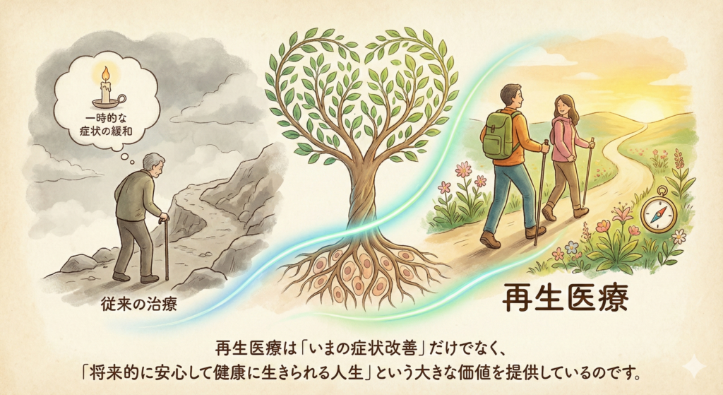 再生医療がもたらす長期的なQOL（生活の質）向上の可能性とは？

再生医療のもう一つの魅力は、長期的に生活の質（QOL）を向上させる可能性があることです。従来の治療では、多くの場合「一時的な症状の緩和」しか得られず、長期的に見ると何度も治療を繰り返すことになり、精神的・経済的な負担が大きくなりがちでした。

それに対し、再生医療は症状や疾患の原因そのものにアプローチするため、効果が長期間持続することが期待できます。痛みや症状が安定的に軽減すれば、定期的な通院や治療の負担が軽減され、その分の時間や費用を自分自身や家族のために使えるようになります。

長期的な健康維持によって、高齢になっても趣味や旅行などアクティブなライフスタイルを送ることが可能になります。また、慢性疾患による合併症のリスクも低下し、将来的な入院や介護の必要性も減る可能性があります。

 再生医療は「いまの症状改善」だけでなく、「将来的に安心して健康に生きられる人生」という大きな価値を提供しているのです。