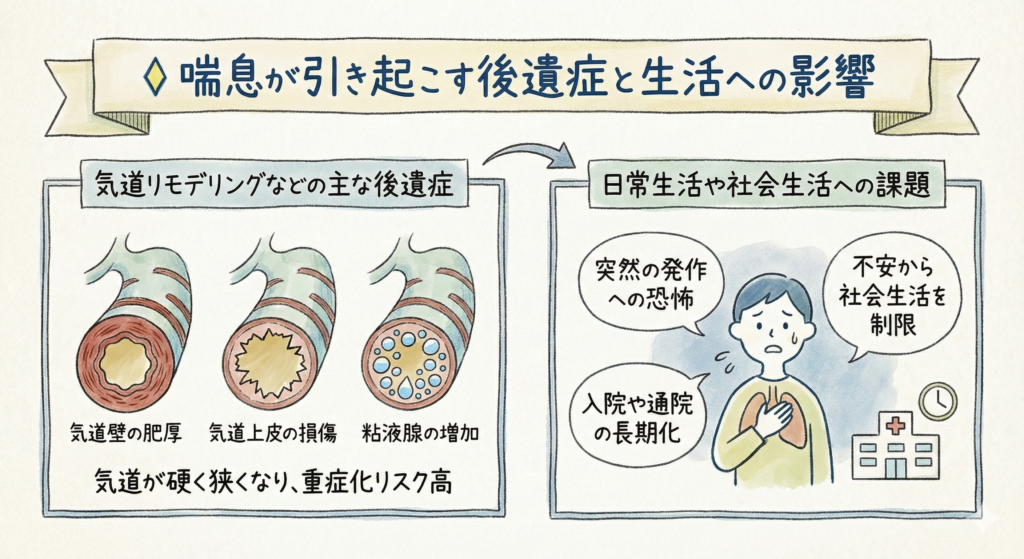 ◇ 喘息が引き起こす後遺症と生活への影響

気道リモデリングなどの主な後遺症

慢性的な気道の炎症が続くと、「気道リモデリング」と呼ばれる気道の構造的な変化が起こることがあります。

気道壁の肥厚：気道の筋肉や粘膜が厚くなる。
気道上皮の損傷：気道のバリア機能が低下し、刺激に弱くなる。
粘液腺の増加：痰が増え、気道を塞ぐ原因となる。

これらの変化により、気道が硬く狭くなり、治療への反応が悪化し、重症化するリスクが高まります。

日常生活や社会生活への課題

喘息の症状は、身体的な問題だけでなく、心理的、社会的にも大きな影響を与えます。突然の発作への恐怖や、いつ発作が起こるか分からない不安から、仕事や学業、趣味など、社会生活を制限せざるを得ないケースが多く見られます。発作による入院や通院が長期にわたることも、本人や家族の大きな負担となります。