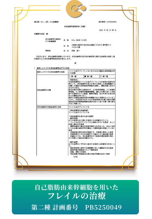 「フレイル及びプレフレイルに対する自己脂肪由来幹細胞を用いた治療」第二種 計画番号PB5250049
