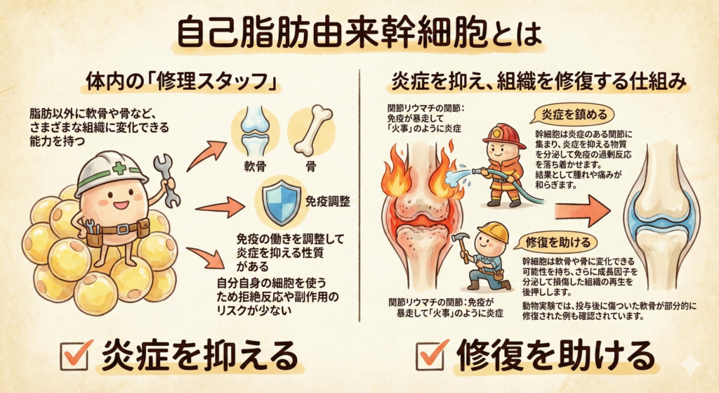 自己脂肪由来幹細胞とは

幹細胞の中でも、特に注目されているのが自己脂肪由来幹細胞です。これは、自分の脂肪組織から採取される幹細胞のことで、体内の「修理スタッフ」のような役割を担っています。

脂肪以外に軟骨や骨など、さまざまな組織に変化できる能力を持つ

免疫の働きを調整して炎症を抑える性質がある

自分自身の細胞を使うため拒絶反応や副作用のリスクが少ない

この幹細胞を点滴で投与する治療は、関節リウマチの炎症や痛みにアプローチする方法として研究・応用が進められています。

炎症を抑え、組織を修復する仕組み

関節リウマチの関節は、免疫が暴走して「火事」のように炎症を起こしている状態です。幹細胞はこの火事を鎮める消防士の役割と、壊れた建物を直す大工の役割を同時に担います。

炎症を鎮める

幹細胞は炎症のある関節に集まり、炎症を抑える物質を分泌して免疫の過剰反応を落ち着かせます。結果として腫れや痛みが和らぎます。

修復を助ける

幹細胞は軟骨や骨に変化できる可能性を持ち、さらに成長因子を分泌して損傷した組織の再生を後押しします。動物実験では、投与後に傷ついた軟骨が部分的に修復された例も確認されています。

このように幹細胞は「炎症を抑える」と「修復を助ける」という二重の働きによって、関節リウマチの痛みと変形の進行に立ち向かうと考えられています。