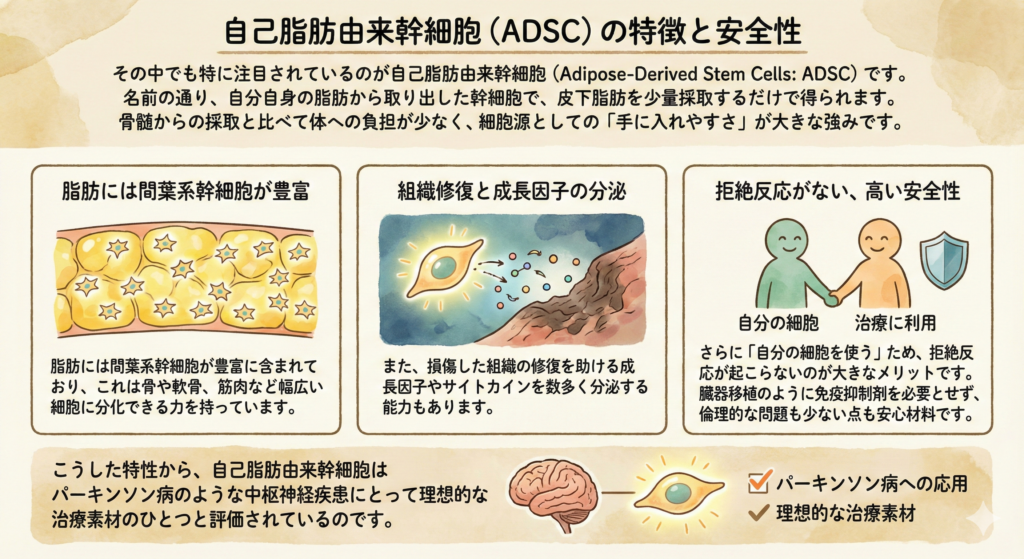 自己脂肪由来幹細胞（ADSC）の特徴と安全性
その中でも特に注目されているのが自己脂肪由来幹細胞（Adipose-Derived Stem Cells: ADSC）です。