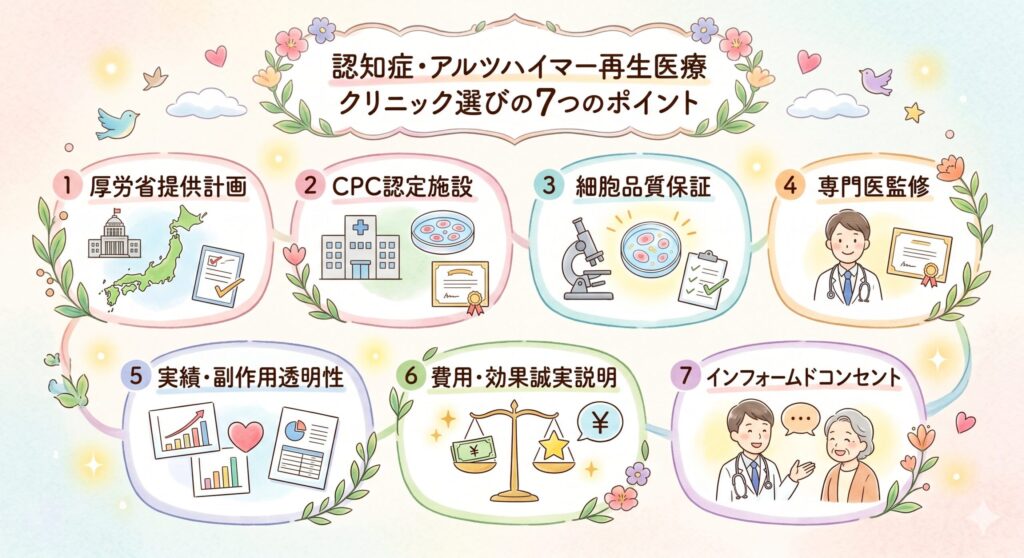 認知症・アルツハイマーの再生医療クリニックを選ぶときのチェックリスト — 7つのポイント

▼ ダイレクトアンサー：認知症・アルツハイマーの再生医療クリニックを選ぶ際は、①厚労省への第2種提供計画の届出、②CPCの認定、③細胞の品質保証（細胞数・生存率・無菌性）、④監修医師の学会所属、⑤有害事象の報告の透明性、⑥料金と効果の誠実な説明、⑦インフォームド・コンセントの質、の7点を確認することが重要です。

認知症・アルツハイマー病の幹細胞治療は、クリニックによって提供内容・品質管理・料金が大きく異なります。受診先を検討するときは以下を確認することをおすすめします。

厚労省への届出状況 — 第2種再生医療等提供計画として届出されているか（計画番号の開示の有無）

細胞培養加工施設（CPC）の認定 — 提供医療機関が自施設CPCをもつか、委託先のCPCが認定施設か

細胞の品質保証 — 投与細胞数・生存率・無菌性検査結果の開示があるか

監修医師の専門性 — 日本再生医療学会・日本抗加齢医学会・日本神経学会など関連学会への所属

過去の実績・副作用報告の透明性 — 有害事象の報告体制と実績の公開

費用と効果に関する説明の誠実さ — 「完治」「根治」などの断定的な効果保証がなされていないか

インフォームド・コンセントの質 — 治療のリスク・限界について、書面と口頭で十分な説明があるか

「絶対に治る」「100%効果がある」といった断定的な