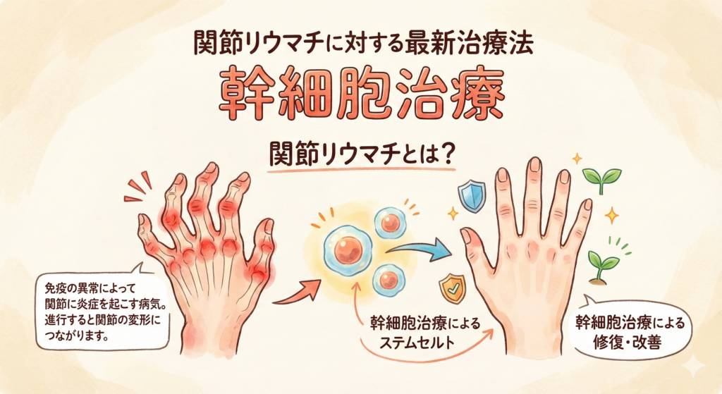 関節リウマチに対する最新治療法「幹細胞治療」

関節リウマチとは？

関節リウマチ（RA）は、免疫の異常によって関節に炎症を起こす病気です。腫れや強い痛みが続き、進行すると軟骨や骨が壊れて関節の変形につながります。指が曲がったり、膝が変形して歩きにくくなるといった症状も起こり得ます。炎症が慢性的に続くため、日常生活に大きな支障をきたすことがあります。