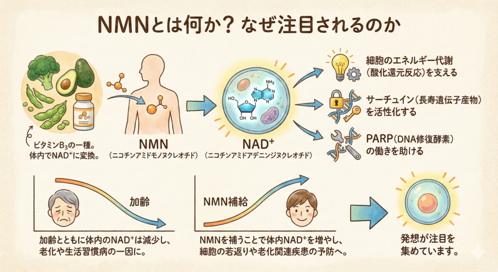 NMNとは何か？なぜ注目されるのか

NMN（ニコチンアミドモノヌクレオチド） は、ビタミンB₃（ナイアシン）の一種で、体内で NAD⁺（ニコチンアミドアデニンジヌクレオチド） に変換されます。

NAD⁺は次のような重要な働きを担っています。

細胞のエネルギー代謝（酸化還元反応）を支える

サーチュイン（長寿遺伝子産物） を活性化する

PARP（DNA修復酵素） の働きを助ける

加齢とともに体内のNAD⁺は減少し、そのことが老化や生活習慣病の一因になることが研究で示されています。そこで、前駆体であるNMNを補うことで体内NAD⁺を増やし、細胞の若返りや老化関連疾患の予防につなげようという発想が注目を集めています。