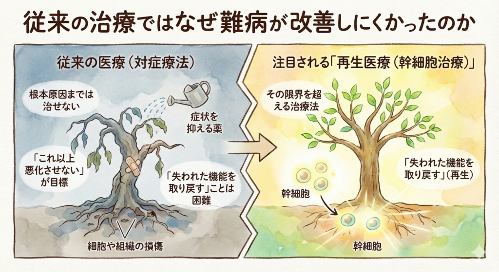 従来の治療ではなぜ難病が改善しにくかったのか

「難病」とは、明確な治療法が確立されておらず、完治が難しい病気を指します。日本では厚生労働省が指定する「指定難病」が333疾患あり、その多くは原因が完全には解明されていません。

従来の医療では、難病の治療は主に「対症療法」――つまり症状を抑えることが中心でした。炎症を抑える薬や、免疫の働きをコントロールする薬で一時的に症状を改善できても、病気の根本原因である「細胞や組織の損傷」までは治せなかったのです。

また、免疫異常や神経変性疾患などでは、体内での炎症や細胞死がゆっくり進行するため、発症時にはすでに多くの細胞が失われているケースもあります。こうした疾患では、薬では「これ以上悪化させない」ことが目標となり、「失われた機能を取り戻す」ことは非常に困難でした。

その限界を超える治療法として、今注目されているのが「再生医療（幹細胞治療）」です。