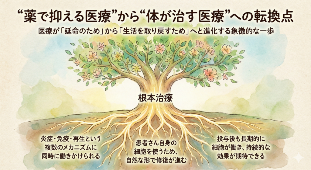 これまでの医療は、薬や手術によって症状を和らげる「対症療法」が中心でした。
しかし、幹細胞治療では、症状を引き起こしている細胞レベルの異常そのものを整えることを目標としています。

幹細胞治療が「根本治療」と呼ばれるのは、以下の3つの理由によります。

炎症・免疫・再生という複数のメカニズムに同時に働きかけられる

患者さん自身の細胞を使うため、自然な形で修復が進む

投与後も長期的に細胞が働き、持続的な効果が期待できる