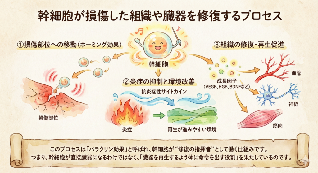 幹細胞が損傷した組織や臓器を修復するプロセス