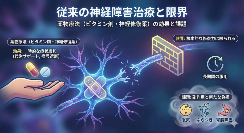 従来の神経障害治療と限界

薬物療法（ビタミン剤・神経修復薬）の効果と課題

これまで神経障害の治療は、主に 薬による症状緩和 が中心でした。代表的なものとしては、ビタミンB12（メコバラミン）やビタミンB1誘導体などの「神経修復作用を持つビタミン剤」、また痛みを抑える「鎮痛薬」や「抗けいれん薬（プレガバリンなど）」があります。

これらの薬は、損傷した神経の代謝をサポートしたり、痛みの信号を遮断することで一時的な症状緩和が期待できます。
しかし、根本的に「壊れた神経を修復する力」は限られており、長期間の服用が必要になることが多いのが現状です。

また、鎮痛薬の中には副作用として眠気やふらつき、胃腸障害などが起こることもあり、患者さんの生活に新たな負担を生むこともあります。