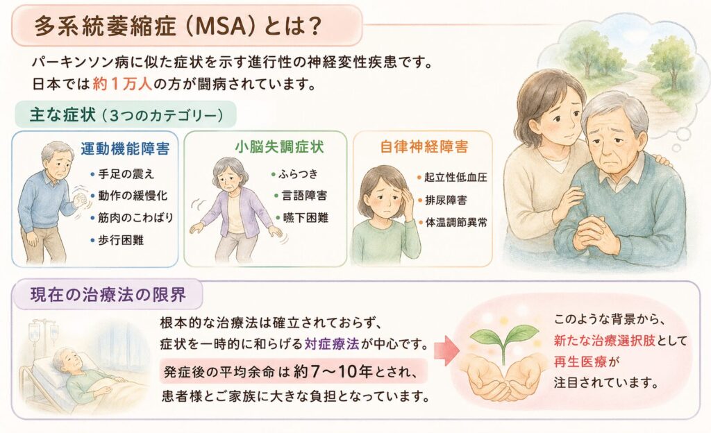 多系統萎縮症（MSA）とは？症状と現在の治療の限界

MSAという難病を知る

多系統萎縮症（Multiple System Atrophy: MSA）は、パーキンソン病に似た症状を示す進行性の神経変性疾患です。日本では約1万人の患者様が闘病されており、指定難病として認定されています。
MSAの主な症状は以下の3つのカテゴリーに分けられます。

運動機能障害

手足の震え（振戦）

動作の緩慢化

筋肉のこわばり

歩行困難

小脳失調症状

ふらつき

言語障害

嚥下困難

自律神経障害

起立性低血圧

排尿障害

体温調節異常

現在の治療法の限界

残念ながら、MSAの根本的な治療法は確立されていません。現在の標準治療は、症状を一時的に和らげる対症療法が中心です。発症後の平均余命は約7〜10年とされており、患者様とご家族にとって大きな負担となっています。
このような背景から、新たな治療選択肢として再生