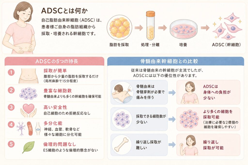 ADSCとは何か

自己脂肪由来幹細胞（Adipose-Derived Stem Cells: ADSC）は、患者様ご自身の脂肪組織から採取・培養される幹細胞です。

ADSCの5つの特長

採取が簡単：腹部から少量の脂肪を採取するだけ（局所麻酔で15分程度）

豊富な細胞数：骨髄由来よりも多くの幹細胞を確保可能

高い安全性：自己細胞のため拒絶反応なし

多分化能：神経、血管、軟骨など様々な細胞に分化可能

倫理的問題なし：ES細胞のような倫理的懸念がない

骨髄由来幹細胞との比較

従来は骨髄由来の幹細胞が主流でしたが、ADSCには以下の優位性があります。

身体への負担が少ない（骨髄穿刺は痛みを伴う）

より多くの細胞を採取可能（治療に必要な2億個の細胞を確保しやすい）

繰り返し採取が可能