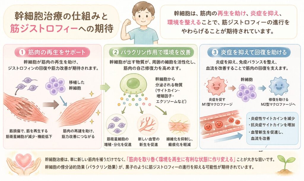 幹細胞治療の仕組みと筋ジストロフィーへの期待
筋ジストロフィーに幹細胞治療を応用する目的は、大きく分けて筋組織の再生促進、炎症抑制、そしてパラクリン作用による環境改善の3つがあります。
まず、筋ジストロフィーでは繰り返す筋損傷で筋再生のタネである筋衛星細胞(筋幹細胞)が枯渇したり機能不全に陥っています。幹細胞治療では、新たに移植した幹細胞が筋肉そのものに分化・融合して再建を助ける可能性があります。実際、DMDモデルのマウスでは正常な筋芽細胞や筋幹細胞を移植すると欠損していたジストロフィン蛋白の発現が回復し、筋力が改善することが示されています。
しかし、人の患者さんに他人由来の筋芽細胞を移植した複数の臨床研究では、移植細胞の生着が悪く期待ほどの筋力改善が得られなかった経緯があります。このため、「幹細胞が筋肉に直接置き換わる」アプローチだけでは不十分ではないかと考えられています。
次に注目されるのが、幹細胞の持つ再生促進のパラクリン作用です。パラクリン作用とは、幹細胞が放出するサイトカインや増殖因子、エクソソーム(細胞外小胞)などを介して周囲の細胞の働きを活性化する作用を指します。自己脂肪由来幹細胞など間葉系幹細胞は、このパラクリン効果で筋肉の自己修復力を高める「縁の下の力持ち」として働くと考えられます。具体的には、傷ついた筋肉に幹細胞を投与すると、幹細胞から分泌される物質が筋衛星細胞(筋幹細胞)の増殖・分化を誘導したり、傷ついた組織に新しい血管(毛細血管)の新生を促したりします。
また筋ジストロフィーでは筋組織が硬い結合組織に置き換わる線維化が進みますが、幹細胞が出す酵素やマイクロRNAによって線維化を抑える効果も報告されています。例えば、へその緒由来の幹細胞をDMDモデルマウスに投与した実験では、幹細胞が線維化を促すTGF-β経路を抑制する物質(MMP-1やmiR-499)を出し、筋組織の瘢痕化を軽減したという結果があります。このように、幹細胞はいわば筋肉の「再生司令塔」として環境を整える働きを持つのです。
さらに、間葉系幹細胞には炎症を抑制する作用があります。DMDでは筋肉の慢性炎症が病態悪化の一因であり、免疫細胞が常に筋組織を傷つけています。幹細胞は免疫系にも働きかけ、炎症性の免疫反応を鎮める方向に誘導します。例えば、脂肪由来幹細胞を傷んだ筋肉に注射すると、マクロファージという免疫細胞が炎症を促すタイプ(M1型)から組織修復を助けるタイプ(M2型)へと性質を切り替えることが確認されています。
実際に2012年の前臨床研究では、DMDモデルマウス(mdxマウス)の筋肉に自己脂肪由来幹細胞を局所注射したところ、筋組織内の炎症性サイトカイン(TNF-αやIL-6など)が減少し、代わりに抗炎症サイトカイン(IL-10やTGF-β)が増加しました。さらにこの研究では、幹細胞投与により筋組織で血管新生(angiogenesis)が増加し、血流が改善したことも報告されています。血流が良くなることは筋肉への酸素・栄養供給を助け、筋細胞の環境改善につながります。結果として、こうした炎症抑制と血流改善の相乗効果で、マウスの筋力低下や組織の障害指標が改善し、筋ジストロフィーの病態が幹細胞治療で緩和されたのです。
以上のように、幹細胞治療は単に新しい筋肉を補充するだけでなく、「筋肉を取り巻く環境を再生に有利なように作り変える」ことが大きな狙いです。これを専門的には傍分泌的効果(パラクリン効果)と呼び、幹細胞から放出される生理活性物質が黒子のように働いて筋ジストロフィーの進行を抑える可能性が期待されています。