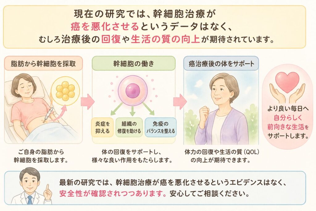 近年、再生医療の分野で注目を集めている「幹細胞治療」。特に自分自身の脂肪から採取した幹細胞を使う治療法は、癌の治療を終えた方々の間で関心が高まっています。

「幹細胞治療は癌に対してどのような影響があるのか？」「癌治療後に受けても安全なのか？」──こうした疑問をお持ちの患者さんやご家族のために、本コラムでは最新の医学的知見に基づいて、幹細胞治療と癌の関係をわかりやすく解説します。

結論から申し上げると、現在の研究データは幹細胞治療が癌を悪化させるという懸念を支持しておらず、むしろ癌治療後の体力回復や生活の質向上に貢献できる可能性が示されています。
