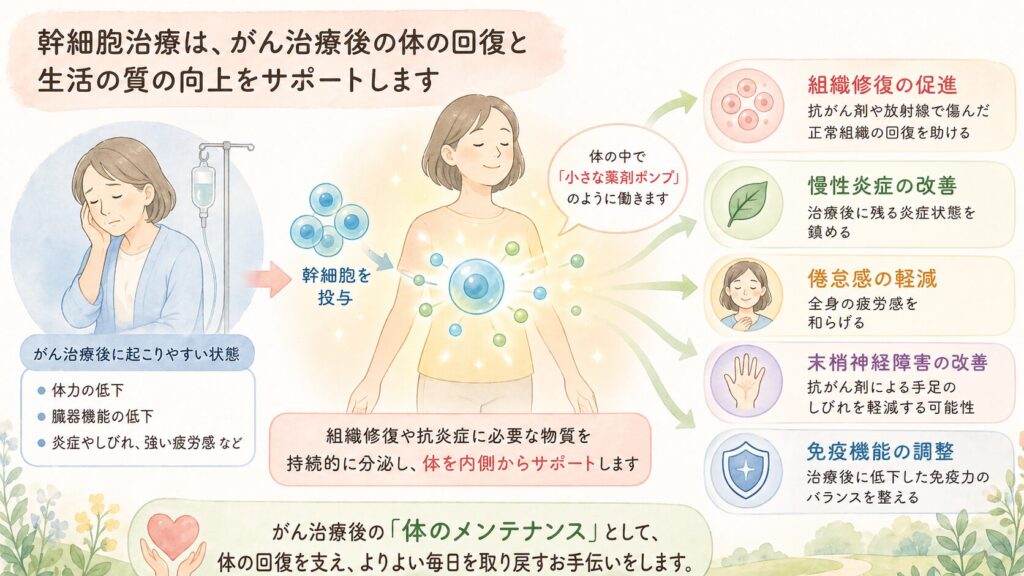 期待される効果

組織修復の促進：抗癌剤や放射線で傷んだ正常組織の回復を助ける

慢性炎症の改善：治療後に残る炎症状態を鎮める

倦怠感の軽減：全身の疲労感を和らげる

末梢神経障害の改善：抗癌剤による手足のしびれを軽減する可能性

免疫機能の調整：治療後に低下した免疫力のバランスを整える

幹細胞は体内で「小さな薬剤ポンプ」のように働き、組織修復や抗炎症に必要な