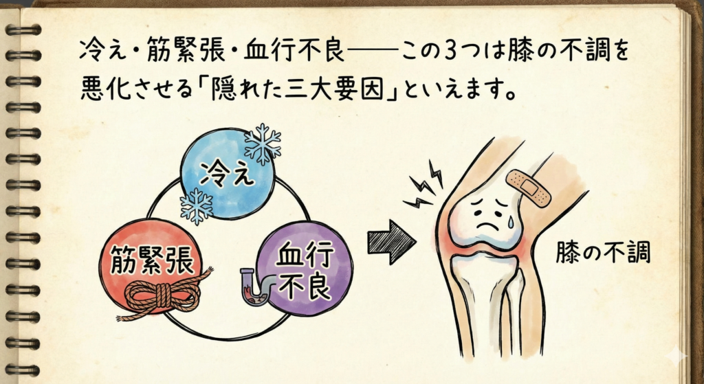 冷え・筋緊張・血行不良――この3つは膝の不調を悪化させる「隠れた三大要因」といえます。