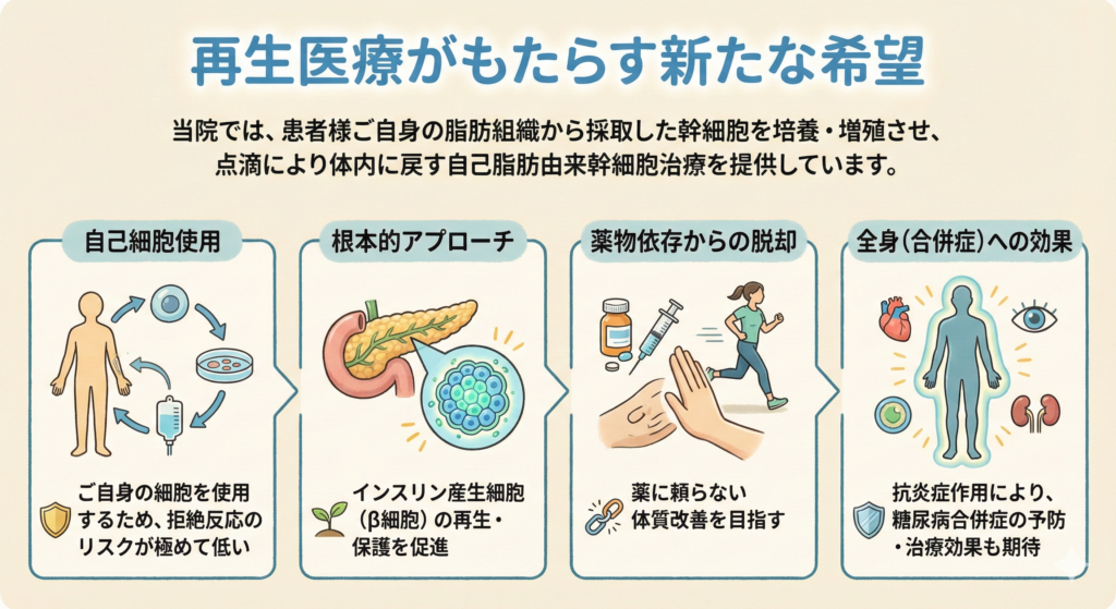 再生医療がもたらす新たな希望

当院では、患者様ご自身の脂肪組織から採取した幹細胞を培養・増殖させ、点滴により体内に戻す自己脂肪由来幹細胞治療を提供しています。
この治療法の特徴は：

自己細胞使用：ご自身の細胞を使用するため、拒絶反応のリスクが極めて低い

根本的アプローチ：インスリン産生細胞（β細胞）の再生・保護を促進

薬物依存からの脱却：薬に頼らない体質改善を目指す

全身（合併症）への効果：抗炎症作用により、糖尿病合併症の予防・治療効果も期待