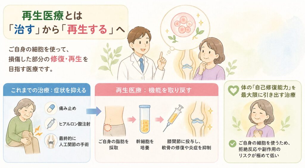 再生医療とは何か──「治す」から「再生する」へ

再生医療という言葉を耳にする機会が増えました。

しかし、その実態を正確に理解している方は意外と少ないのではないでしょうか。

再生医療とは、患者さん自身の細胞や組織を活用し、損傷した部位の修復・再生を目指す医療技術です。従来の治療法が「症状を抑える」ことに重点を置いていたのに対し、再生医療は「失われた機能を取り戻す」という根本的なアプローチを可能にします。

たとえば、変形性膝関節症で軟骨がすり減ってしまった場合、これまでは痛み止めやヒアルロン酸注射で症状を和らげるか、最終的には人工関節に置き換える手術が選択肢でした。ところが再生医療では、患者さん自身の脂肪から採取した幹細胞を培養し、膝関節に投与することで、軟骨の修復や炎症の抑制を促すことができます。

この治療法は、体が本来持っている「自己修復能力」を最大限に引き出すものであり、拒絶反応や副作用のリスクが極めて低いという特徴があります。