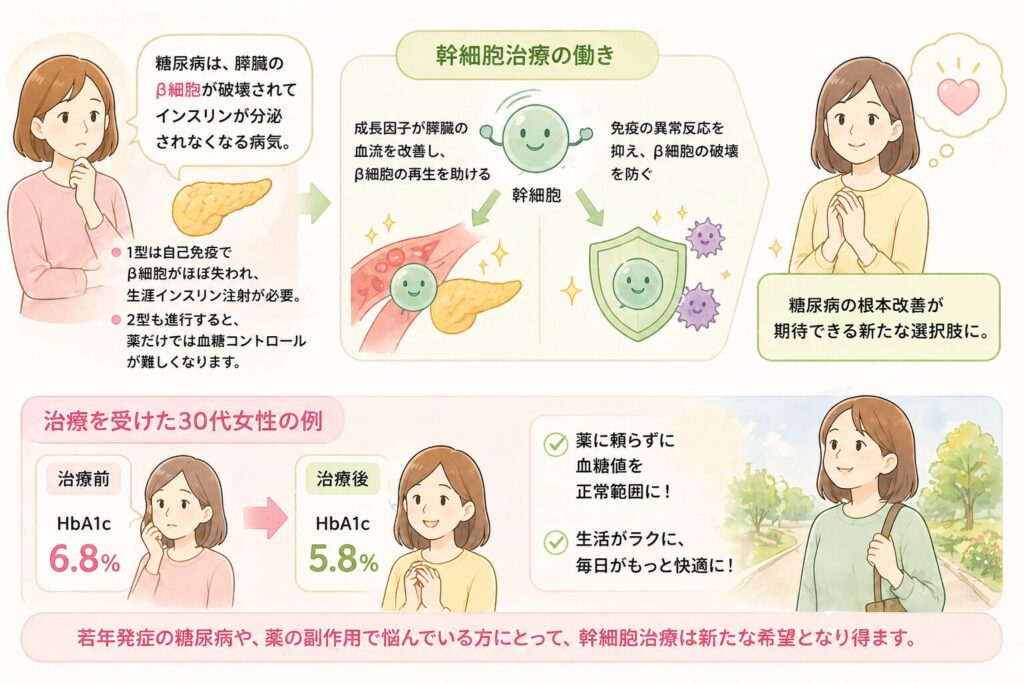 糖尿病の再生治療

糖尿病は、膵臓のβ細胞が破壊されてインスリンが分泌されなくなることで発症します。

特に1型糖尿病では、自己免疫反応によってβ細胞がほぼ失われるため、生涯にわたるインスリン注射が必要です。2型糖尿病でも、病気が進行するとβ細胞の機能が低下し、薬物療法だけでは血糖コントロールが難しくなります。

幹細胞治療では、幹細胞が分泌する成長因子が膵臓の血流を改善し、β細胞の再生を助けることが期待されています。また、免疫の異常反応を抑えることで、β細胞の破壊を防ぐ効果も報告されています。

当院で治療を受けた30代女性の症例では、HbA1cが6.8%から5.8%に改善し、薬に頼らずに血糖値を正常範囲に保てるようになりました。若年発症の糖尿病や、薬の副作用で悩んでいる方にとって、幹細胞治療は新たな希望となり得ます。