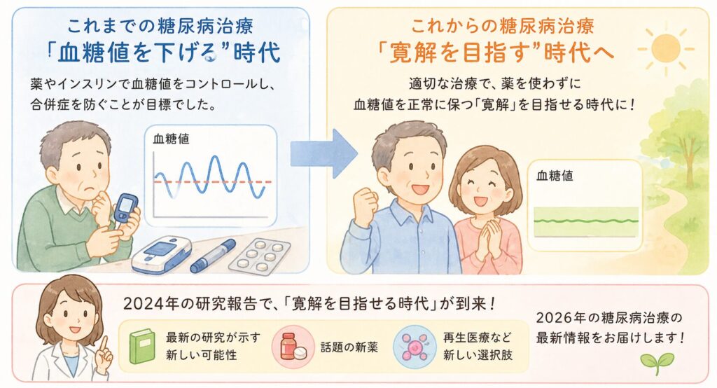 はじめに｜糖尿病治療は「血糖値を下げる」時代から「寛解を目指す」時代へ

糖尿病治療の目標は、大きく変わりつつあります。

かつて糖尿病は「一度発症したら治らない病気」と考えられてきました。しかし、2024年に学術誌「Cell」の創刊50周年記念特別号に発表された論文では、糖尿病の医療は大きく進歩しており、適切な治療により「寛解（かんかい）」——つまり、薬を使わずに血糖値を正常に保つ状態——を目指せる時代に入ったと報告されています。

本コラムでは、話題の新薬から革新的な再生医療まで、2026年の糖尿病治療における選択肢を、最新の臨床試験データとともにお伝えします。