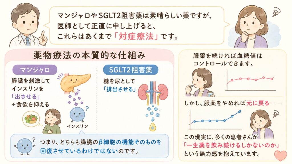 【医師の視点】薬物療法の限界と「寛解」への渇望

マンジャロやSGLT2阻害薬は、確かに素晴らしい薬です。しかし、医師として正直に申し上げると、これらはあくまで「対症療法」であるという事実があります。

薬物療法の本質的な仕組み

マンジャロ：膵臓を刺激してインスリンを「出させる」＋食欲を抑える

SGLT2阻害薬：糖を尿として「排出させる」

つまり、どちらも膵臓のβ細胞の機能そのものを回復させているわけではないのです。

服薬を続ければ血糖値はコントロールできます。しかし、服薬をやめれば元に戻る——この現実に、多くの患者さんが「一生薬を飲み続けるしかないのか」という無力感を抱えています。

だからこそ、「根本から治したい」「寛解を目指したい」というニーズが高ま