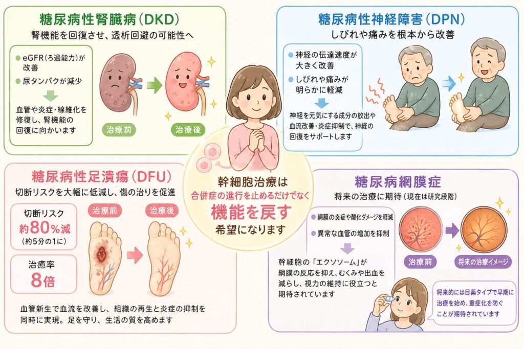 糖尿病合併症への効果：「進行を止める」だけでなく「機能を戻す」挑戦

糖尿病で最も恐ろしいのは、三大合併症（網膜症・腎症・神経障害）です。さらには、足の潰瘍が進行して壊疽という死滅した状態になり、足を切断するケースもあります。これらの合併症は、糖尿病の高血糖により血管がダメージを受けることで進行します。

幹細胞治療が真価を発揮するのは、これまで「治らない」と言われてきた合併症の領域です。血管を新しく作り（血管新生）、神経を修復する能力が、劇的なデータを生み出しています。

糖尿病性腎臓病（DKD）：透析回避への希望

「一度悪くなった腎臓は元に戻らない」——これが従来の常識でした。しかし、2025年の最新レビューでは、幹細胞治療により以下の改善が確認されています。

eGFR（腎臓の濾過能力）の改善 

自然経過では年々低下するeGFRが、幹細胞治療後に有意に上昇しました。これは腎機能が「悪化を止める」だけでなく「回復に向かう」可能性を示しています。

尿タンパクの減少 

腎臓のダメージを示す微量アルブミン尿が大幅に減少しました。

幹細胞が腎臓の微細な血管を修復し、慢性的な炎症や線維化（硬くなる変化）を鎮めた結果と考えられています。腎機能がある程度残っている段階で治療を開始することで、将来的に透析が必要になる時期を遅らせられる可能性があります。

糖尿病性神経障害（DPN）：しびれ・痛みの根本改善

足の裏に紙が張り付いたような感覚、ビリビリする痛み、手足のしびれ——糖尿病性神経障害は生活の質を大きく低下させます。幹細胞治療は、痛み止めで症状を誤魔化すのではなく、神経そのものの「伝達速度」を回復させます。

神経伝導速度の劇的改善 

複数の臨床研究をまとめた解析では、幹細胞治療を受けた患者さんは神経の信号を伝えるスピードが統計的に見て「極めて大きな効果（SMD 2.93）」で改善しました。しびれや痛みの程度も明らかに軽減しています。

幹細胞は神経を元気にする栄養物質（神経栄養因子）を放出して傷ついた神経の回復をサポートし、血管新生により神経への血流も改善します。さらに慢性的な炎症を抑えることで、神経が修復しやすい環境を整えます。

糖尿病性足潰瘍（DFU）：切断リスクを大幅に低減

最も強力なエビデンスが出ているのが「足の壊疽・潰瘍」です。血流が悪く治らない傷に対し、幹細胞は強力に血管を新生させます。

切断リスク約80%減 

従来の治療では足を切断せざるを得なかったケースでも、幹細胞治療を併用することで切断リスクが約5分の1にまで低下しました。

治癒率8倍 

難治性の潰瘍が完治する確率は、通常治療の8.2倍に跳ね上がります。

幹細胞は傷の周りで血管を作る物質を放出し、新しい毛細血管ができることで血流が改善。皮膚の再生も促進します。さらに炎症を抑える働きもあるため、「血流の改善」「組織の再生」「炎症のコントロール」を同時に実現できるのが特徴です。

糖尿病網膜症：将来の治療に期待

糖尿病による目の網膜の障害に対する幹細胞治療は、現在まだ動物実験や初期の臨床研究の段階にあります。糖尿病のマウスに幹細胞が出す成分を投与した研究では、網膜の炎症や酸化によるダメージが軽減され、異常な血管が増えるのを抑えられました。

幹細胞から分泌される「エクソソーム」と呼ばれる小さな粒子が、網膜症を引き起こす体内の反応を抑制することで、網膜のむくみや出血を減らし、視力の維持に役立つと期待されています。将来的には目薬タイプの製剤で早期に治療を始めることで、網膜症の重症化を防げるようになるかもしれません。