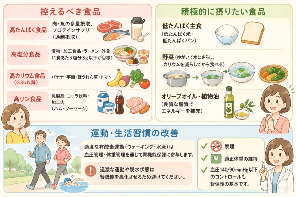 控えるべき食品・積極的に摂りたい食品

【控えるべき食品】

高たんぱく食品：肉・魚の多量摂取、プロテインサプリ（過剰섭取）

高塩分食品：漬物・加工食品・ラーメン・外食（1食あたり塩分3g以下が目標）

高カリウム食品（G3b以降）：バナナ・芋類・ほうれん草・トマト

高リン食品：乳製品・コーラ飲料・加工肉（ハム・ソーセージ）

【積極的に摂りたい食品】

低たんぱく主食（低たんぱく米・低たんぱくパン）

野菜（ゆがいて水にさらし、カリウムを減らしてから食べる）

オリーブオイル・植物油（良質な脂質でエネルギーを補充）

運動・生活習慣の改善

適度な有酸素運動（ウォーキング・水泳）は血圧管理・体重管理を通じて腎機能保護に寄与します。過激な運動や脱水状態は腎機能を悪化させるため避けてください。禁煙・適正体重の維持・血圧140/90 mmHg以下のコントロールも腎保護の基本です。