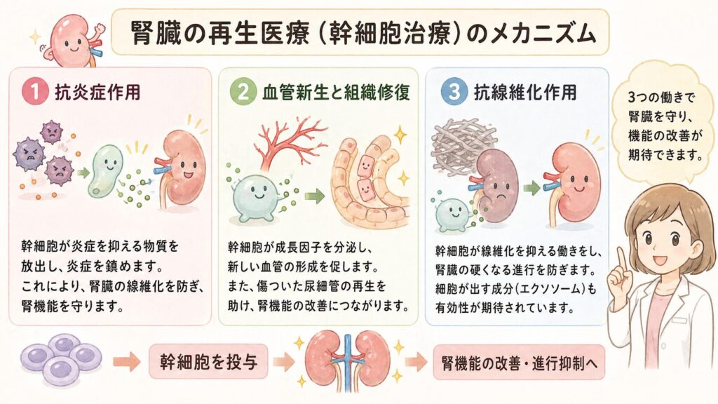腎臓の再生医療（幹細胞治療）のメカニズム

腎臓の再生医療（幹細胞治療）のメカニズム

幹細胞治療が腎機能の改善に寄与するメカニズムは、主に以下の3つです。

1. 抗炎症作用 

慢性腎臓病の進行には、持続的な炎症が深く関わっています。炎症性サイトカイン（TNF-α、IL-6など）が過剰に産生されると、腎臓の線維化が進み、機能低下が加速します。 間葉系幹細胞は強力な免疫調節作用を持ち、炎症を抑制する物質を放出します。近年のシステマティックレビューでは、幹細胞投与により腎組織内の炎症性サイトカインが有意に減少し、腎保護効果が発揮されることが報告されています。 この抗炎症作用により、腎臓の線維化（硬くなること）を防ぎ、残存する腎機能を保護する効果が期待できます。

2. 血管新生と組織修復 

幹細胞は、血管内皮増殖因子（VEGF）などの成長因子を分泌し、新しい血管の形成を促進します。腎臓は非常に血管が豊富な臓器であり、血流の改善は腎機能の底上げに直結します。 また、幹細胞から分泌される様々な修復因子（パラクライン効果）により、傷ついた尿細管上皮細胞の再生が促進されます。これは、損傷した腎組織の「自己修復力」を高めるアプローチといえます。

3. 抗線維化作用 

慢性腎臓病が進行すると、腎臓の組織が「線維化」して硬くなり、ろ過機能が失われていきます。幹細胞治療には、この線維化を抑制する作用があることが複数の研究で示されています。 また、間葉系幹細胞由来のエクソソーム（細胞外小胞）を用いた治療研究においても、腎臓の線維化マーカー（TGF-β1など）の減少が確認されており、細胞そのものだけでなく、細胞が出す成分の有効性も注目されています。