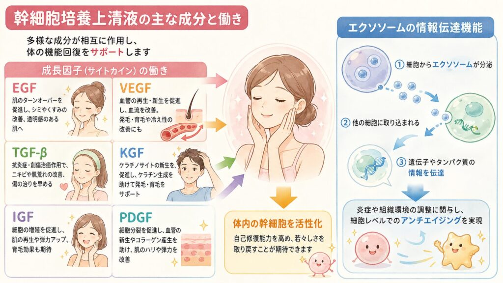 医療コラム用の以下の本文を要約して、説明用の挿絵を作成して 横画像で 

・AIが作ったとわからないようプロのイラストレーターが作ったようにして
 ・本文以外の文字は入れないで 
・キャラクターを用いて柔らかい色合いで優しい感じに 
・画像の中にに説明を入れて。絵だけではわからない 
・ 文字は多すぎないで 
・携帯で見るので文字は大きく 

【本文】
幹細胞培養上清液に含まれる主要成分とその働き

幹細胞培養上清液の効果を理解するには、含まれる成分を知ることが重要です。

この液体には、細胞を活性化させる多様な生理活性物質が含まれています。それぞれが異なる役割を持ち、相互に作用することで、体の機能回復を促進するのです。

成長因子（サイトカイン）が果たす役割

成長因子は、細胞の増殖や分化を促進する重要なタンパク質です。幹細胞培養上清液には、以下のような成長因子が豊富に含まれています。

EGF（上皮細胞増殖因子）は、皮膚のターンオーバーを促進します。古い角質が適切に剥がれ落ち、新しい細胞が生まれることで、シミやくすみの改善が期待できます。肌の表面を整え、透明感のある肌へと導く働きがあるのです。

VEGF（血管内皮細胞増殖因子）は、血管の再生や新生を促します。頭皮の血流が改善されることで、毛母細胞に十分な栄養が届き、発毛や育毛効果が期待できます。また、全身の血流改善により、冷え性や末梢循環障害の改善にもつながる可能性があります。

TGF-β（トランスフォーミング増殖因子）は、抗炎症作用と創傷治癒作用を持ちます。炎症を抑えることで、ニキビや肌荒れなどの改善が期待できるほか、傷の治りを早める効果もあります。肌質改善に重要な役割を果たす成分です。

KGF（ケラチノサイト増殖因子）は、ケラチノサイトの新生を促進します。髪の毛の主成分であるケラチンの生成を助け、発毛・育毛効果を発揮します。薄毛や抜け毛に悩む方にとって、心強い味方となる成分です。

IGF（インスリン様成長因子）は、細胞の増殖を促進します。皮膚の再生を助け、肌の弾力を向上させる効果があります。また、育毛効果も期待できるため、美容と健康の両面で重要な成分といえます。

PDGF（血小板由来増殖因子）は、細胞分裂を促進し、血管の新生や増殖を助けます。コラーゲンの産生も促進するため、肌のハリや弾力の改善に寄与します。

エクソソームの情報伝達機能

エクソソームは、細胞間で情報を伝達する微小な小胞です。細胞から分泌されたエクソソームは、他の細胞に取り込まれ、遺伝子やタンパク質の情報を伝えます。

この情報伝達により、炎症や組織環境の調整に関与することが示唆されています。エクソソームは、幹細胞培養上清液の効果を発揮する上で、中心的な役割を担っているのです。

体内の幹細胞を活性化させることで、自己修復能力を高め、若々しさを取り戻すことが期待できます。細胞レベルでのアンチエイジングを実現する、画期的な成分といえるでしょう