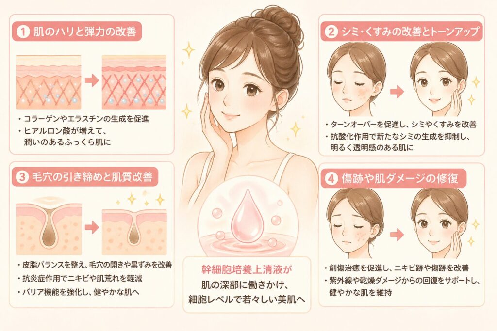 美容面で期待できる効果

幹細胞培養上清液は、美容医療の分野で特に注目されています。

従来のスキンケアでは届かなかった肌の深部にまで働きかけ、細胞レベルでの若返りを目指すことができるのです。ここでは、具体的にどのような美容効果が期待できるのかを詳しく解説します。

肌のハリと弾力の改善

加齢とともに減少するコラーゲンやエラスチンは、肌のハリや弾力を保つために欠かせない成分です。幹細胞培養上清液に含まれる成長因子は、これらの産生を促進します。

線維芽細胞が活性化されることで、コラーゲンやエラスチンの生成が増加し、肌の内側から弾力が蘇ります。たるみやしわが目立ちにくくなり、若々しい印象の肌へと導かれるのです。

また、肌の水分保持能力も向上します。ヒアルロン酸の産生が促進されることで、潤いのあるふっくらとした肌を実感できるでしょう。

シミ・くすみの改善とトーンアップ

EGFによる皮膚のターンオーバー促進効果により、メラニンを含む古い角質が適切に排出されます。これにより、シミやくすみが徐々に薄くなり、肌のトーンが明るくなることが期待できます。

さらに、抗酸化作用により活性酸素が除去されることで、新たなシミの生成も抑制されます。透明感のある、均一な肌色を目指すことができるのです。

毛穴の引き締めと肌質改善

皮脂バランスを調整する成分が含まれているため、過剰な皮脂分泌が抑えられます。毛穴の開きや黒ずみが改善され、キメの整った滑らかな肌へと変化していきます。

また、抗炎症作用により、ニキビや肌荒れなどのトラブルも軽減されます。肌のバリア機能が強化されることで、外部刺激に対する抵抗力も高まるのです。

傷跡や肌ダメージの修復

創傷治癒を促進するサイトカインが含まれているため、ニキビ跡や傷跡の改善にも効果が期待できます。損傷した組織の修復が促され、滑らかな肌へと整えられていきます。

紫外線や乾燥などによる肌ダメージからの回復も早まります。肌本来の再生能力を引き出すことで、健やかな状態を維持できるのです。
