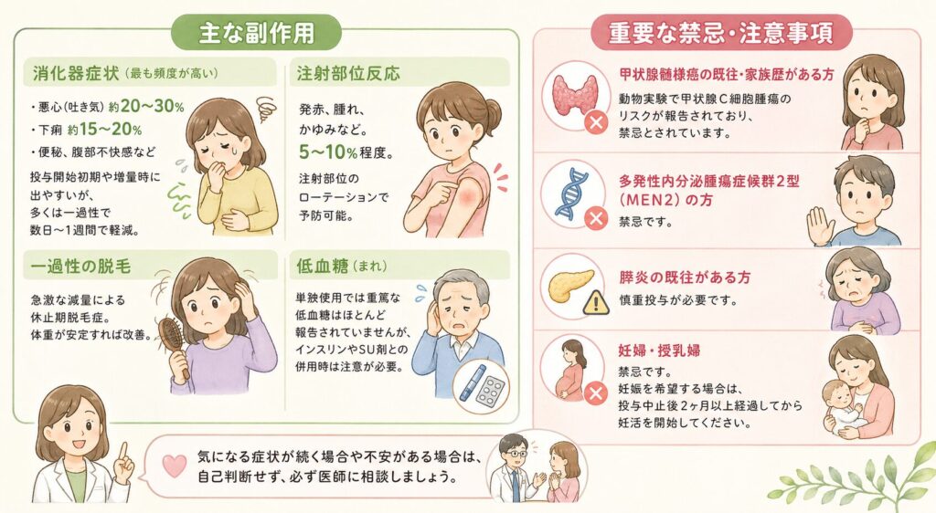 4. 副作用と安全性：知っておくべきリスク

強力な効果を持つ薬だからこそ、副作用についても正しく理解しておくことが重要です。マンジャロとゼップバウンドは同じ成分なので、基本的に副作用プロファイルは共通しています。

主な副作用

消化器症状（最も頻度が高い）：悪心（吐き気）約20〜30%、下痢約15〜20%、便秘、腹部不快感など。投与開始初期や増量時に出やすいが、多くは一過性で数日〜1週間で軽減。

注射部位反応：発赤、腫れ、かゆみなど。5〜10%程度。注射部位のローテーションで予防可能。

一過性の脱毛：急激な減量による休止期脱毛症。体重が安定すれば改善。

低血糖（まれ）：単独使用では重篤な低血糖はほとんど報告されていませんが、インスリンやSU剤との併用時は注意が必要。

重要な禁忌・注意事項

甲状腺髄様癌の既往・家族歴がある方：動物実験で甲状腺C細胞腫瘍のリスクが報告されており、禁忌とされています。

多発性内分泌腫瘍症候群2型（MEN2）の方：禁忌です。

膵炎の既往がある方：慎重投与が必要です。

妊婦・授乳婦：禁忌です。妊娠を希望する場合は、投与中止後2ヶ月以上経過してから妊活を開始してください。