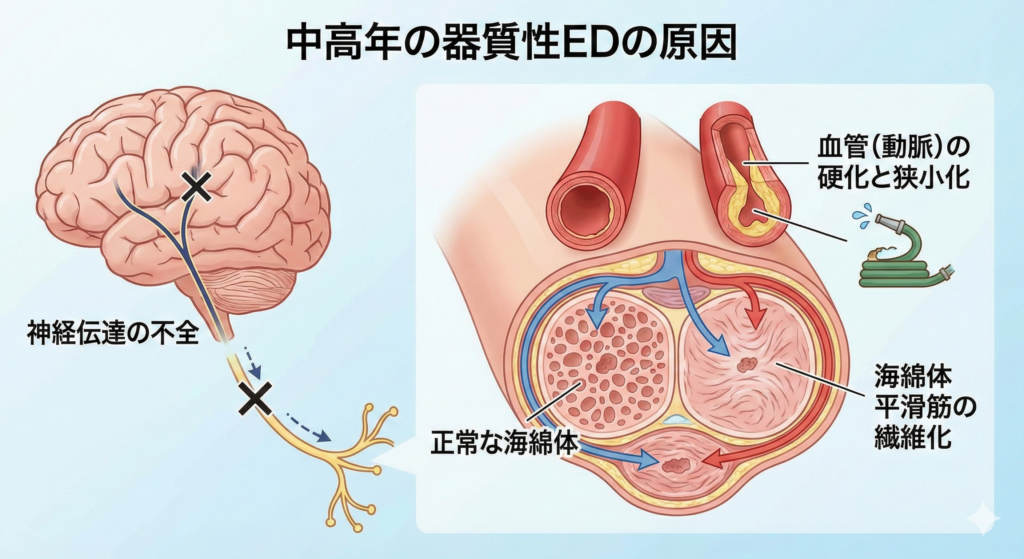 EDの原因血管
血管の硬化と狭小化
海綿体平滑筋の繊維化
神経伝達の不全